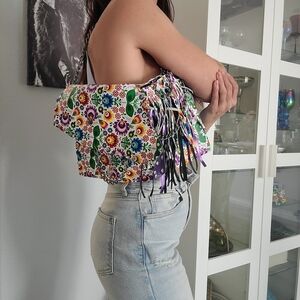 Floral Leather Fringe Shoulder Bag - Skull Charm Multicolor